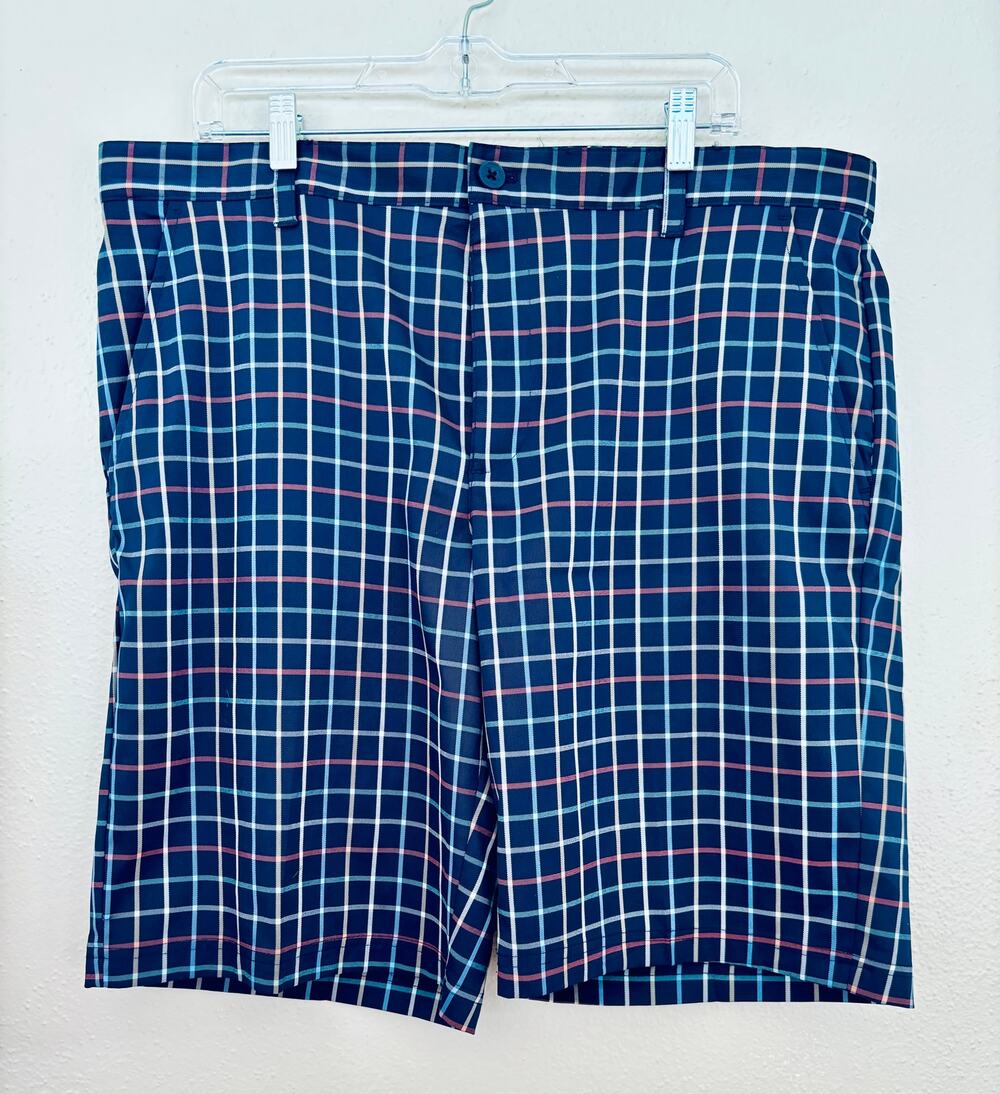 IZOD Mens Chino Golf Shorts Rubber Grip Size 38 Navy Plaid Preppy Classic